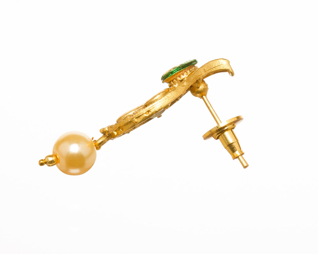 Bindhani earring side angle shoot depicting fine art of post lock and matte polish.