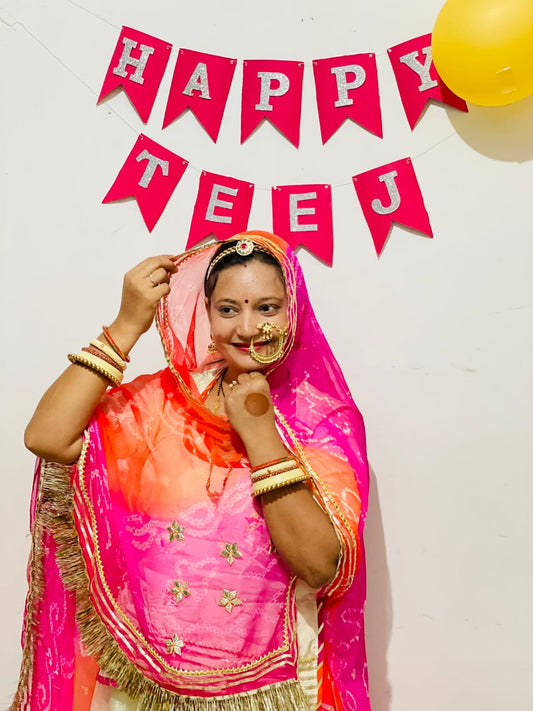 Rinku rajpurohit wearing indian nath rajasthani bangle chuda and rakhdi from bindhani on her teej celebration