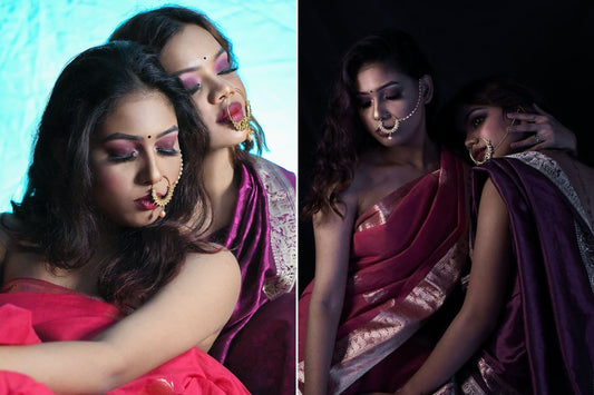 Two-indian-young-women-wear-gold-plated-nose-ring-south-silk-saree