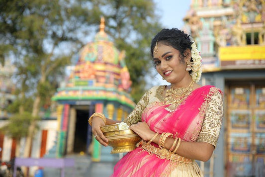 Beautiful Women wear south indian jewellery going to temple for pooja
