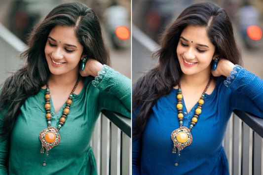 Young-women-wear-oxidised-gemstone-silver-plated-long-necklace-pendant-with-matching-earrings-blue-kurti-green-kurti
