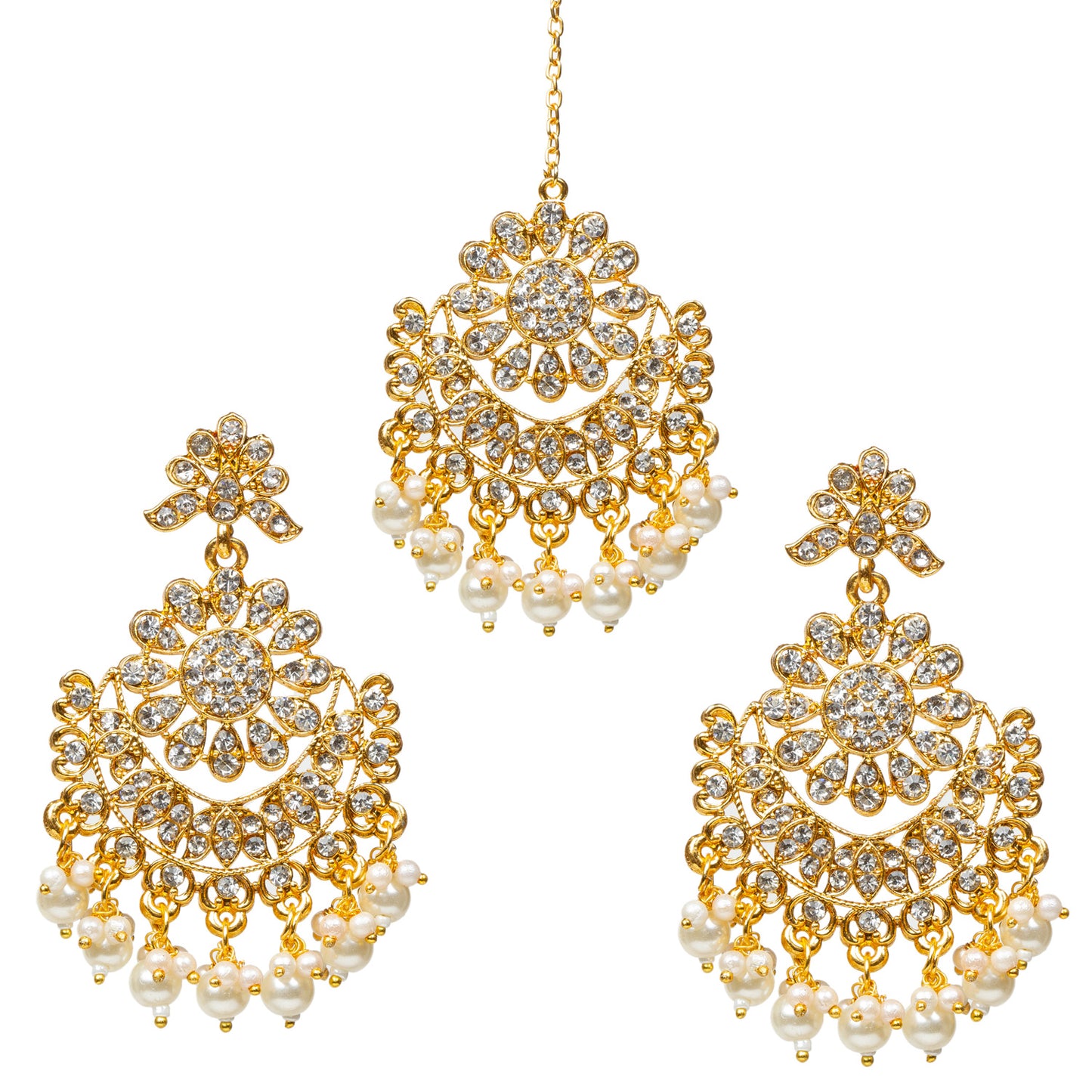 Bindhani-Gold-Plated-Hand-made-Pearl-Drop-White-Stone-Maang-Tikka-With-Earrings-For-Women