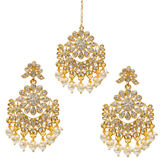 Bindhani-Gold-Plated-Hand-made-Pearl-Drop-White-Stone-Maang-Tikka-With-Earrings-For-Women