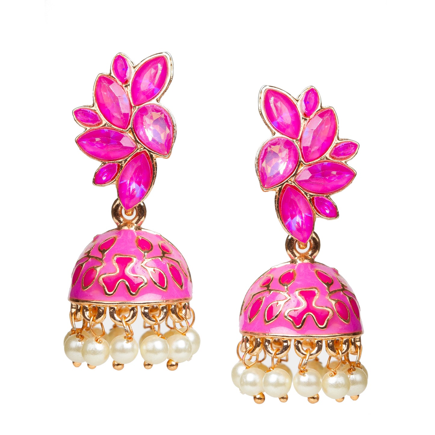 Bindhani-Gold-Plated-Meenakari-Pink-Color-Small-Jhumkai-For-Women