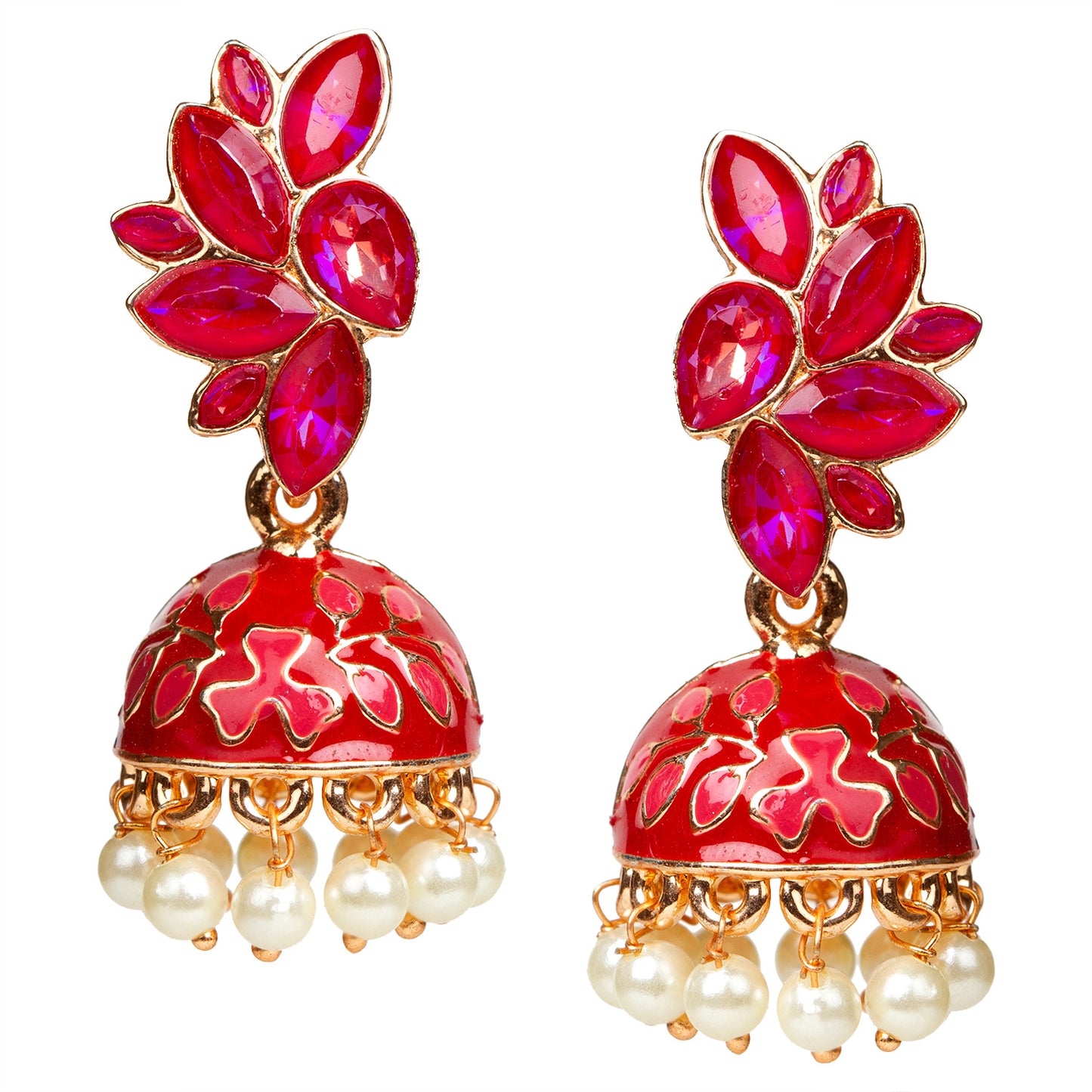 Bindhani-Gold-Plated-Meenakari-Red-Color-Small-Jhumkai-For-Women
