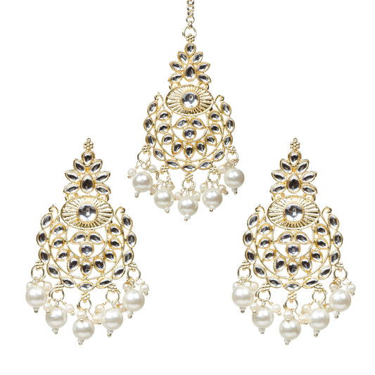 Bindhani-Gold-Plated-Pearl-Droop-Kundan-Stone-Earrings-Maang-Tikka-Set-For-Women