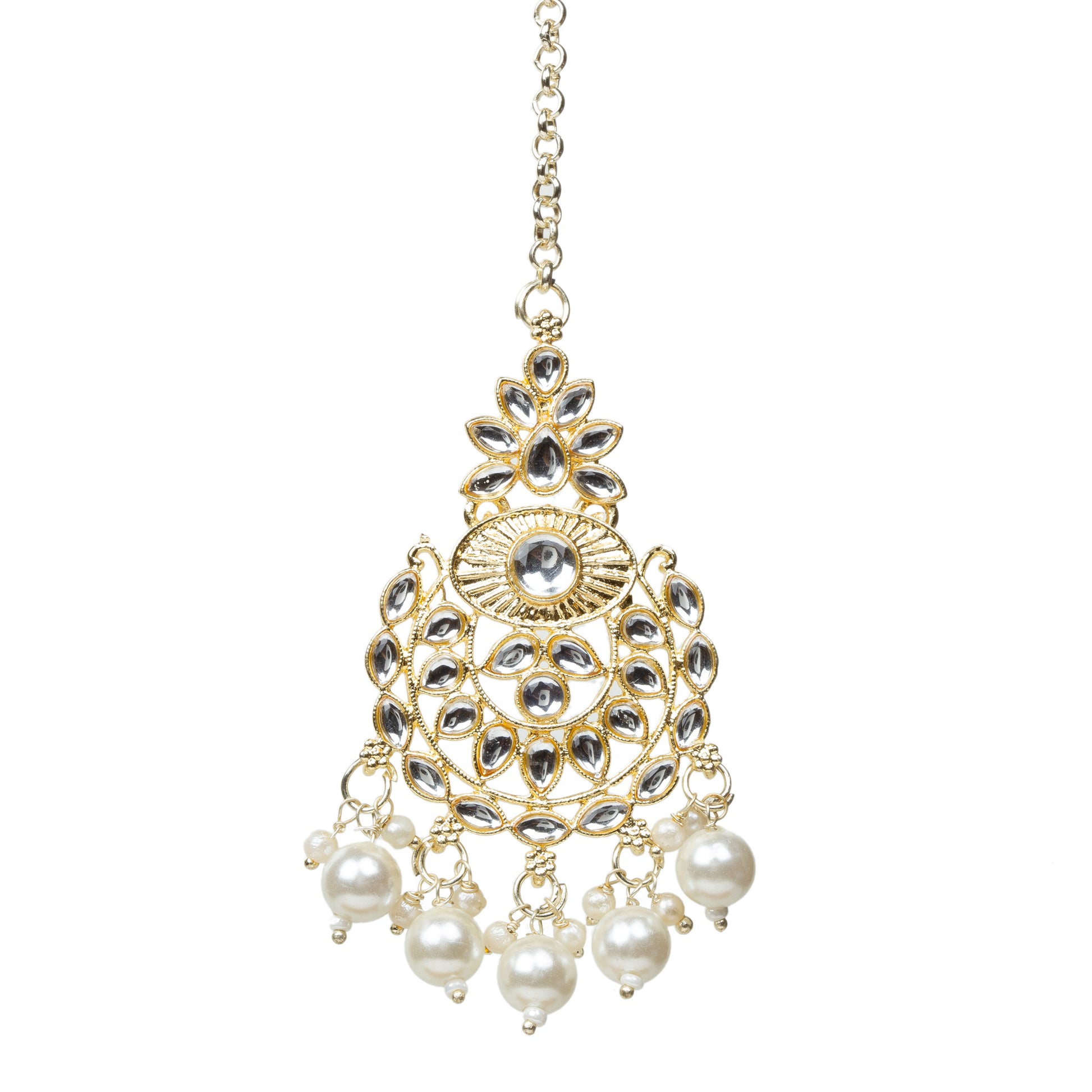 Bindhani-Gold-Plated-Pearl-Droop-Kundan-Stone-Maang-Tikka-Set-For-Women