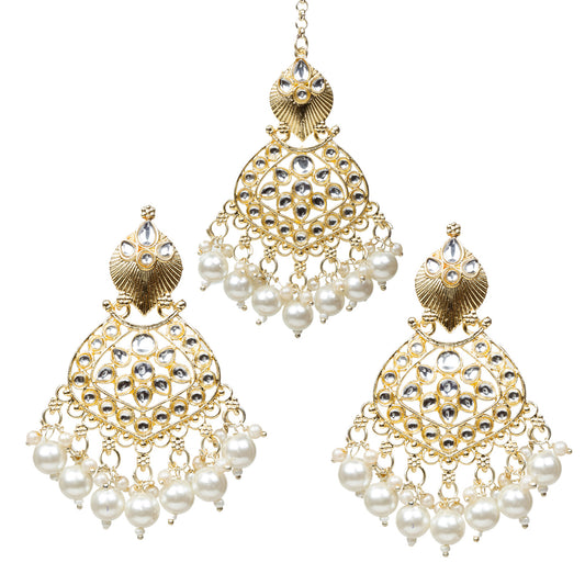Bindhani-Gold-Plated-Pearl-Drop-Kundan-Stone-Earrings-Maang-Tikka-Set-For-Women