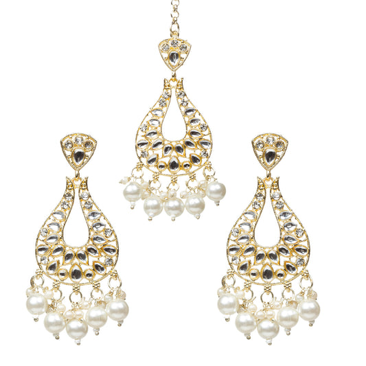 Bindhani-Gold-Plated-Pearl-Drop-White-Kundan-Earrings-Maang-Tikka-For-Women