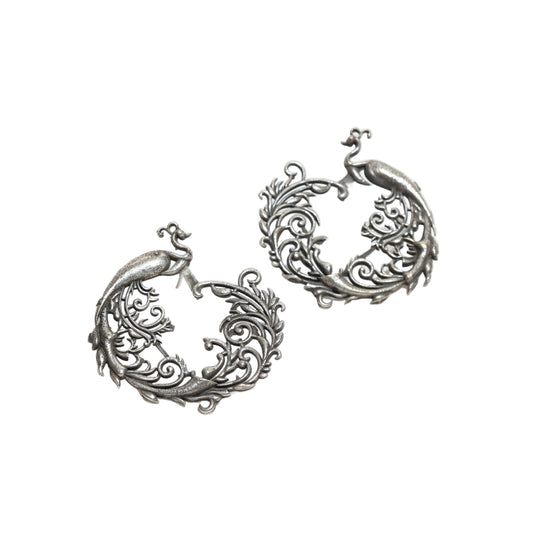 Bindhani-Oxidised-Silver-Layered-Feather-Dangler-Peacock-Earrings