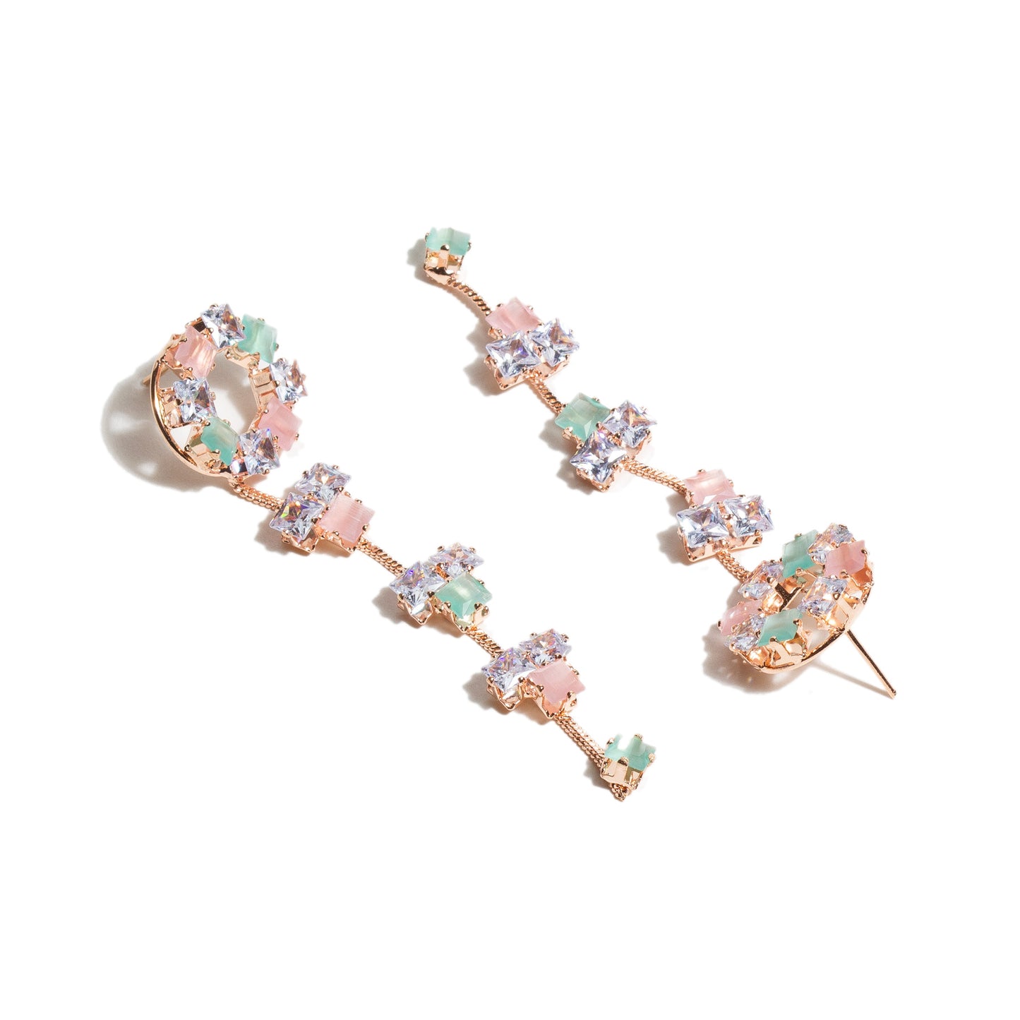 Front and back view of Bindhani rose gold-plated long dangle earrings featuring a circular arrangement of multicolor pink and mint green stones with sparkling AD stones, suspended chain drops with geometric stone accents, and a secure post-back closure.