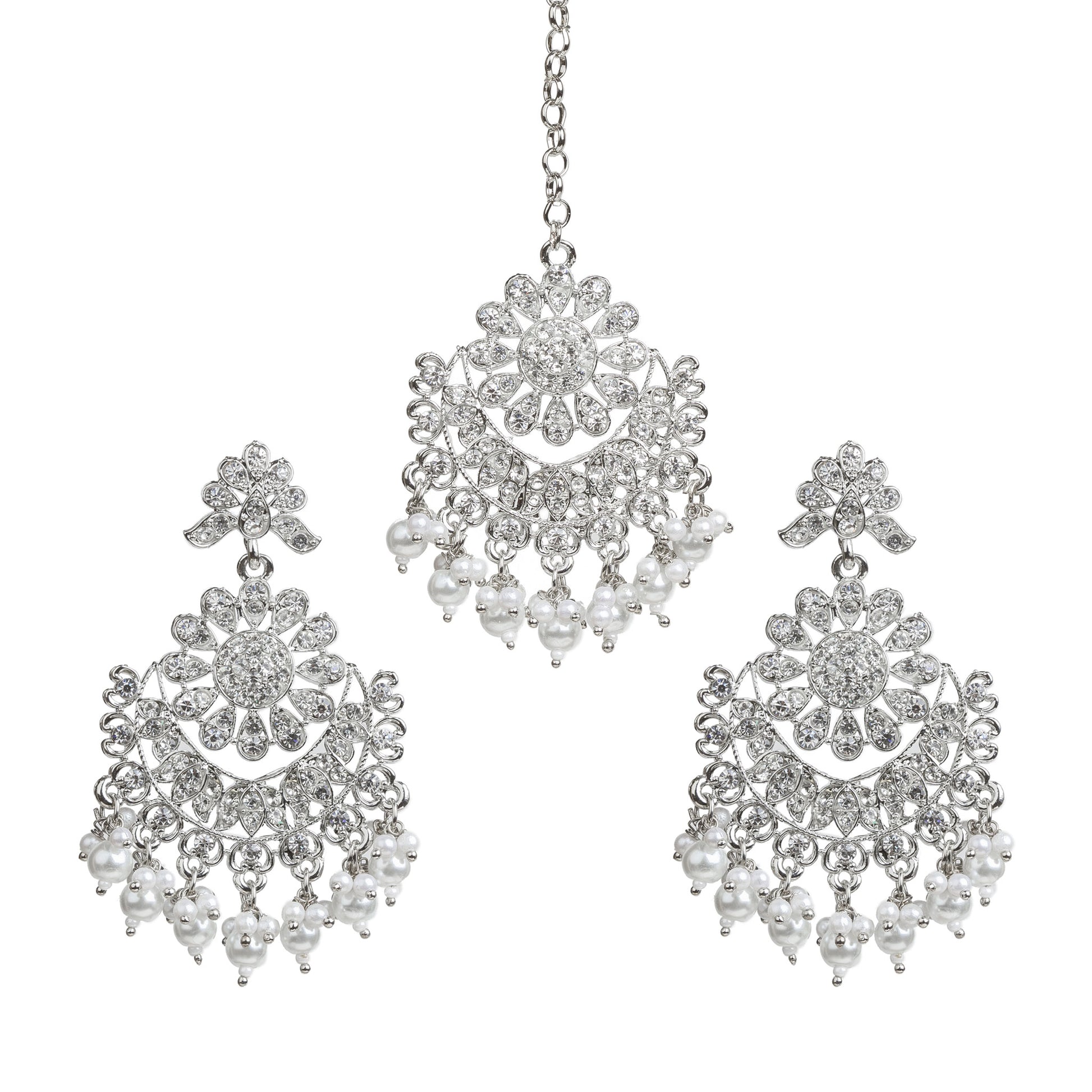 Bindhani-Silver-Plated-Hand-made-Pearl-Drop-White-Stone-Maang-Tikka-With-Earrings-For-Women