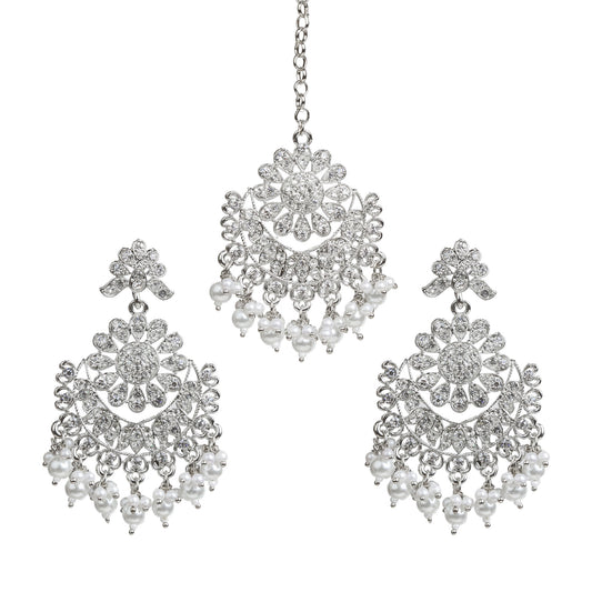 Bindhani-Silver-Plated-Hand-made-Pearl-Drop-White-Stone-Maang-Tikka-With-Earrings-For-Women
