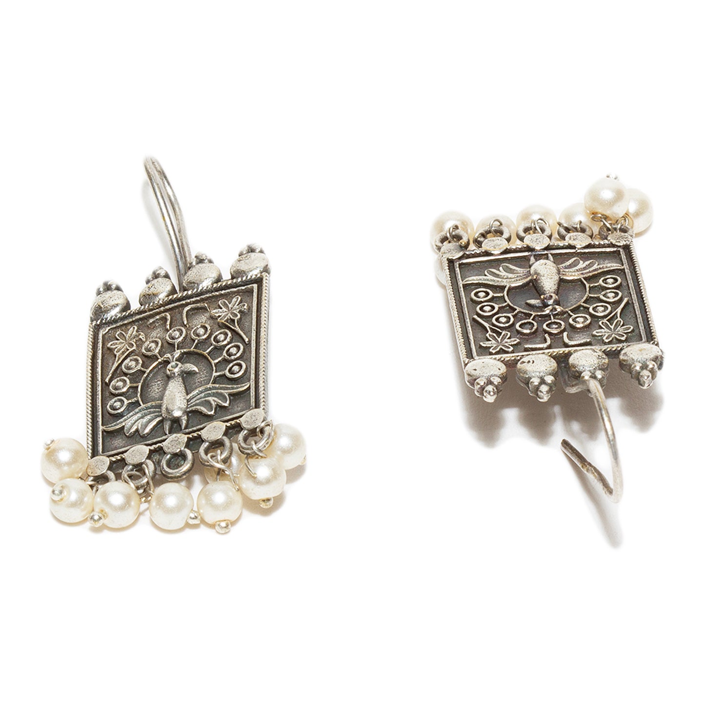 Bindhani-White-Beads-Dancing-Peacock-Oxidised-Earrings-For-Women