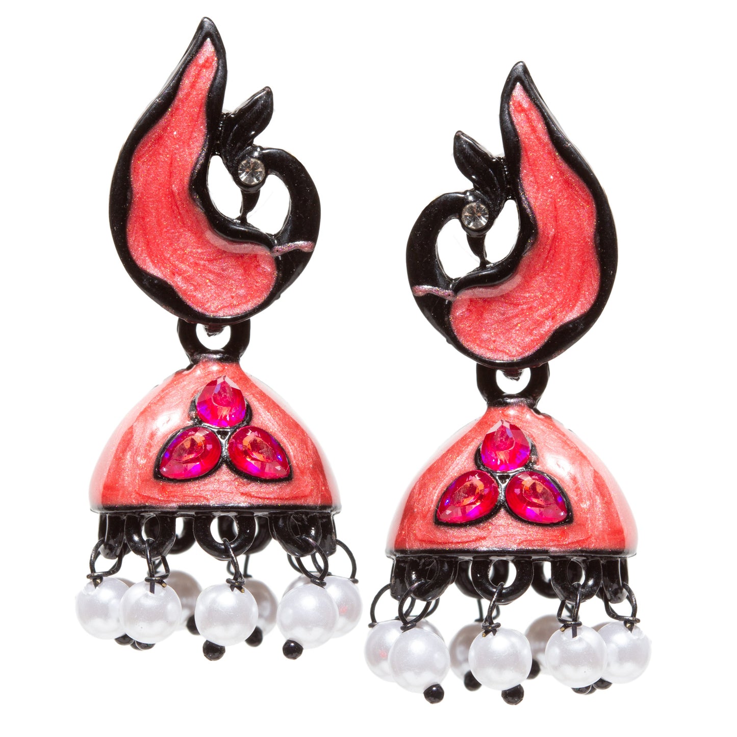 Bindhani-gold-plated-Beads-Stone-White-Meenakari-Peacock-Dark-Pink-Small-Jhumki-women-girls-Teenage