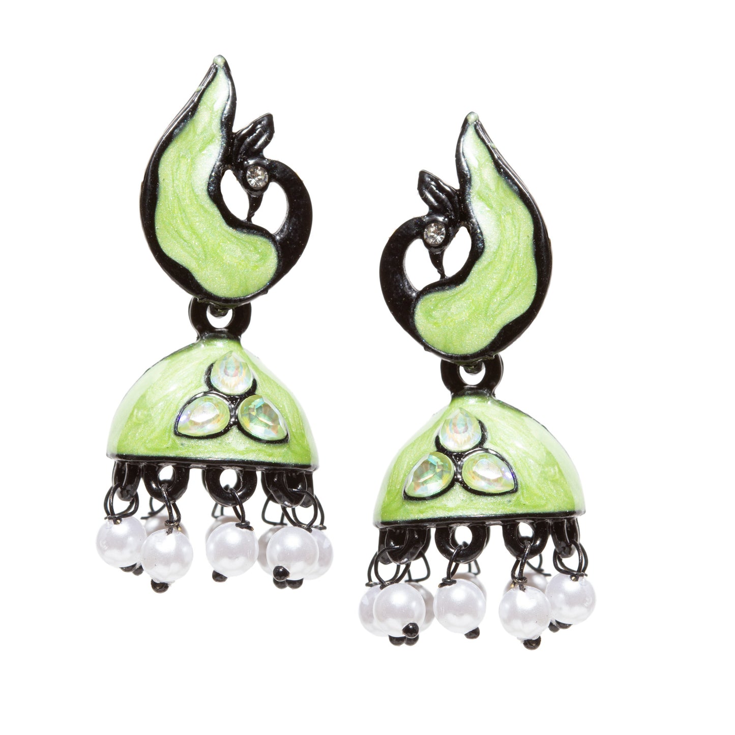Bindhani-gold-plated-Beads-Stone-White-Meenakari-Peacock-Mint-Green-Small-Jhumki-women-girls-Teenage