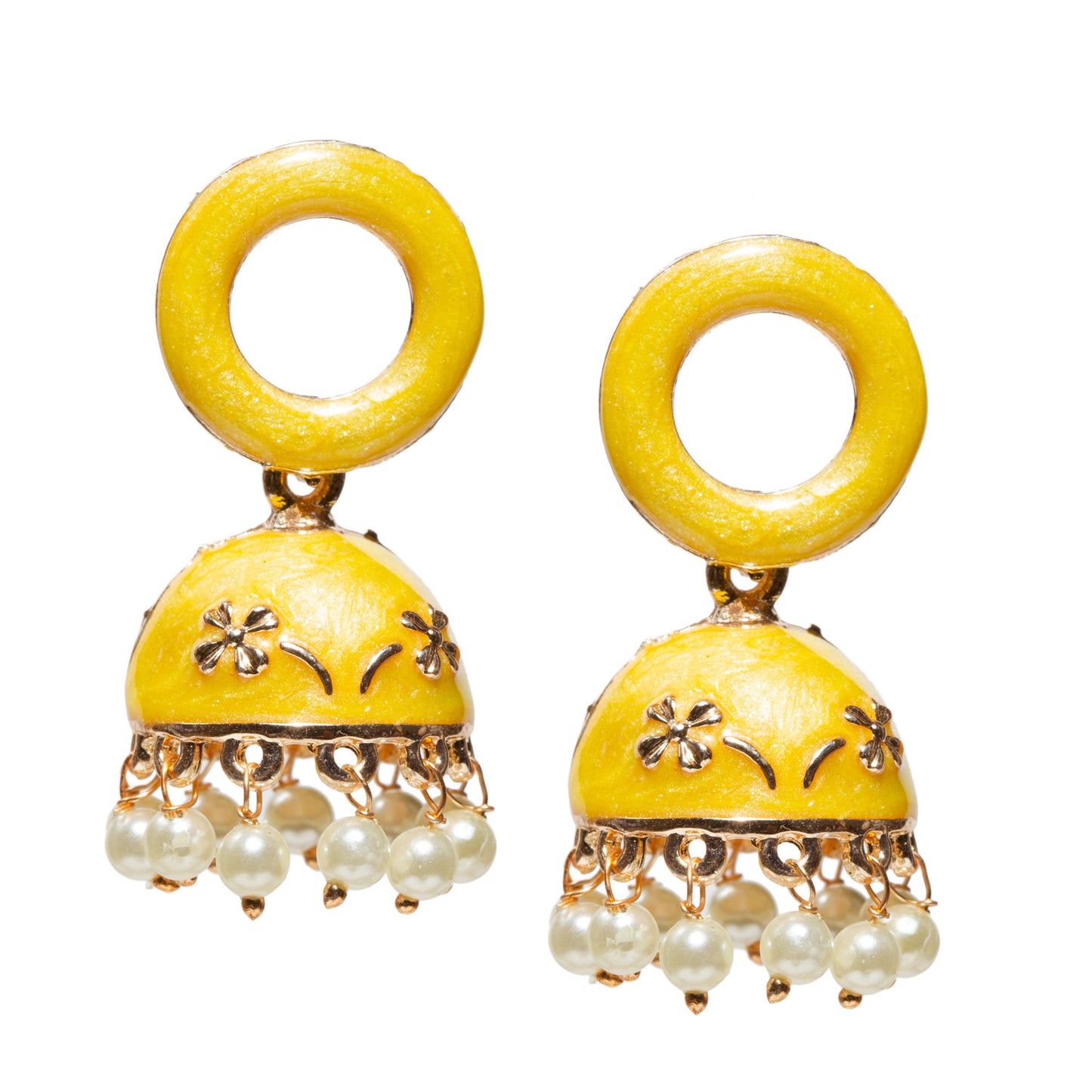 Bindhani-gold-plated-Beads-White-Meenakari-Round-Yellow-Small-Jhumki-women-girls-Teenage