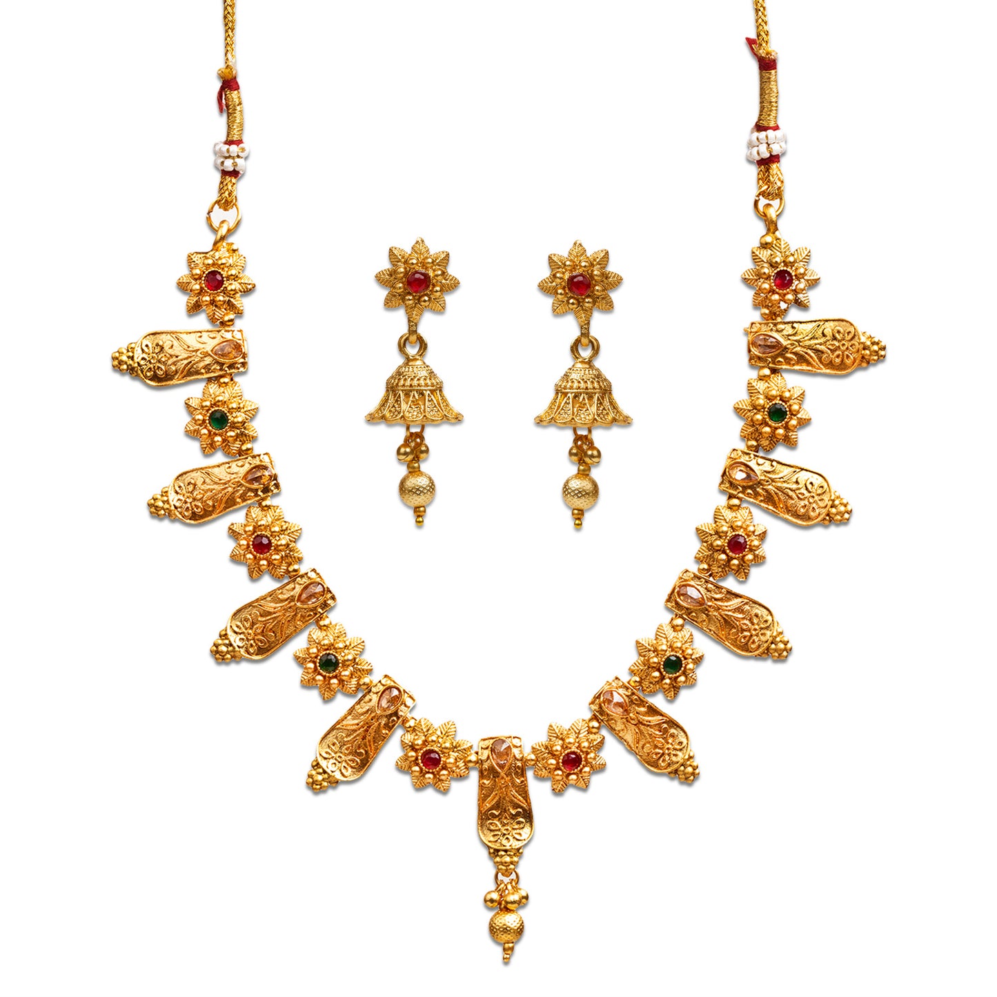 bindhani gold plated red green south india necklace jhumka earrings set for women and girls