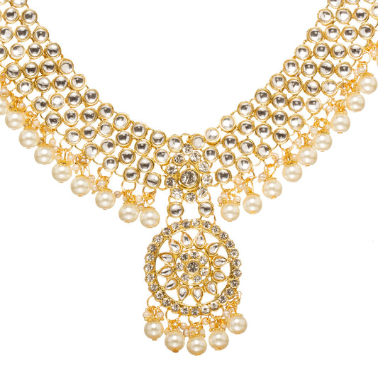 Bindhani Gold-plated kundan necklace with layered stones and hanging pearl beads, white background