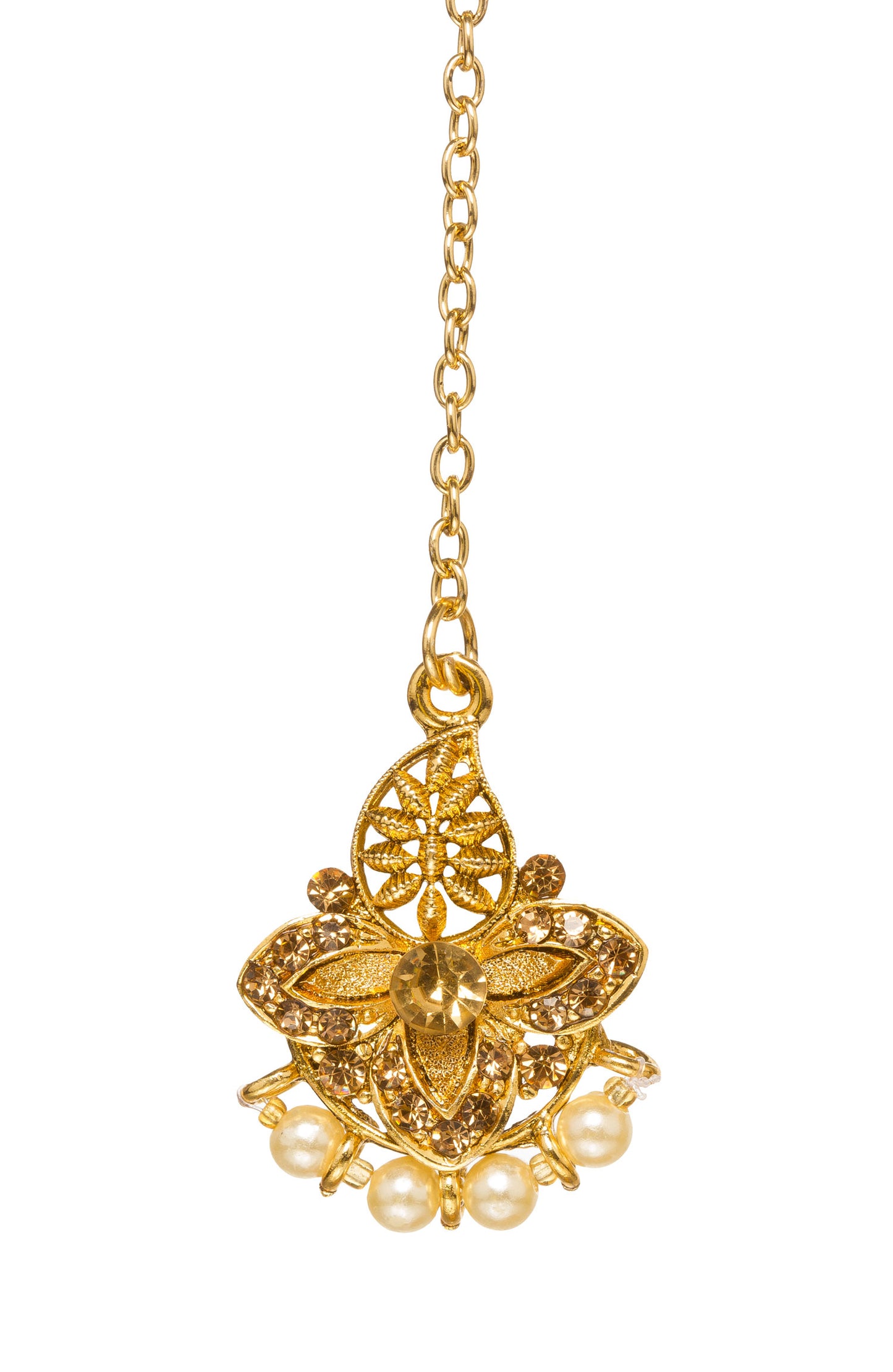 Bindhani gold-plated floral maang tikka with a fish hook attachment, featuring a champagne-colored center stone, intricate textured petals, filigree leaf motifs, pearl bead drops, and elegant traditional detailing. Displayed on a white background.