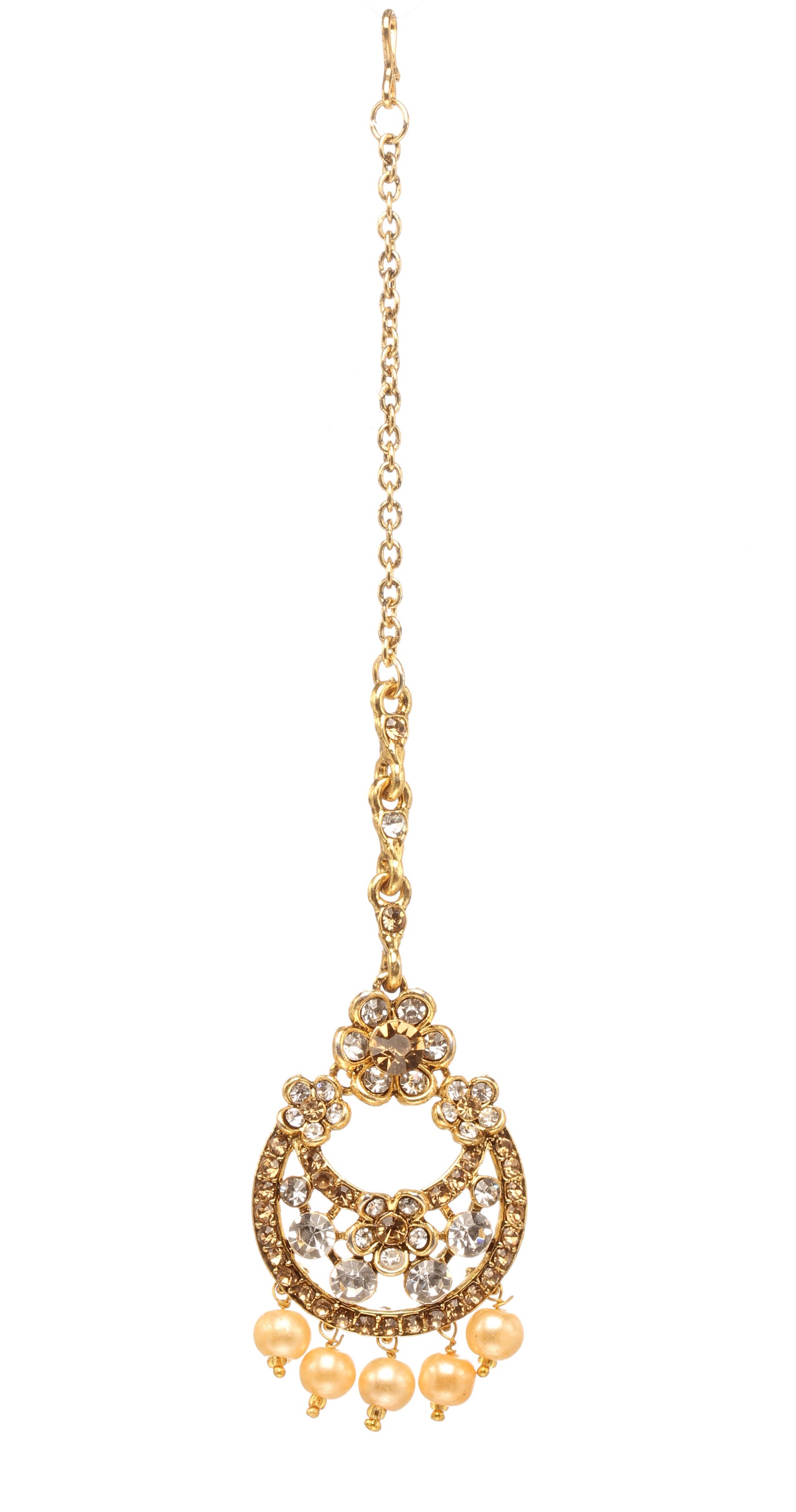 Bindhani gold-plated maang tikka featuring golden and white stones, floral motifs, intricate openwork detailing, a circular drop design, and pearl bead drops. Displayed on a white background.