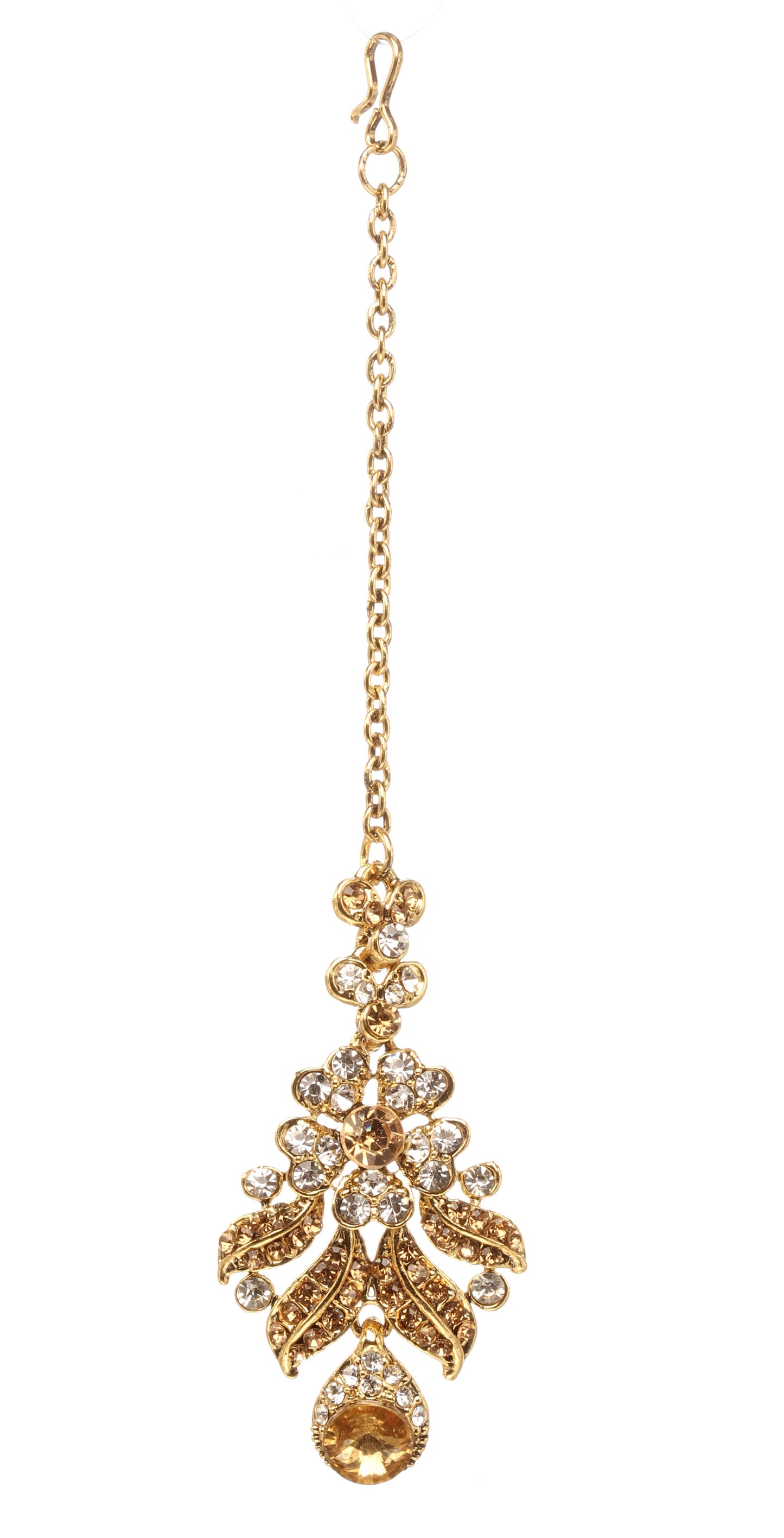 Bindhani gold-plated maang tikka with a fish hook attachment, featuring champagne and white stones, layered leaf motifs, intricate openwork detailing, floral accents, and a pear-shaped champagne stone drop. Displayed on a white background.
