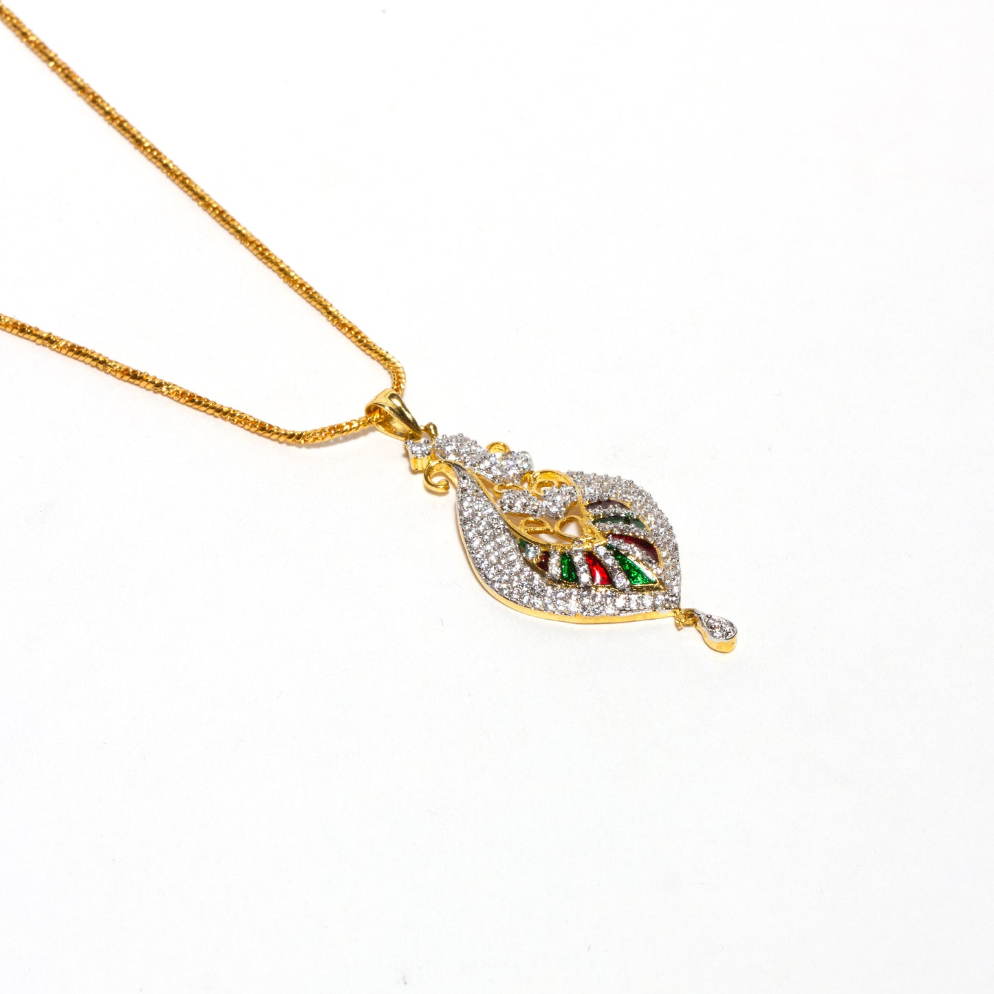 Bindhani gold-plated pendant with chain, decorated with sparkling American diamond stones, green red enamel flowers, and dangling teardrop accents.