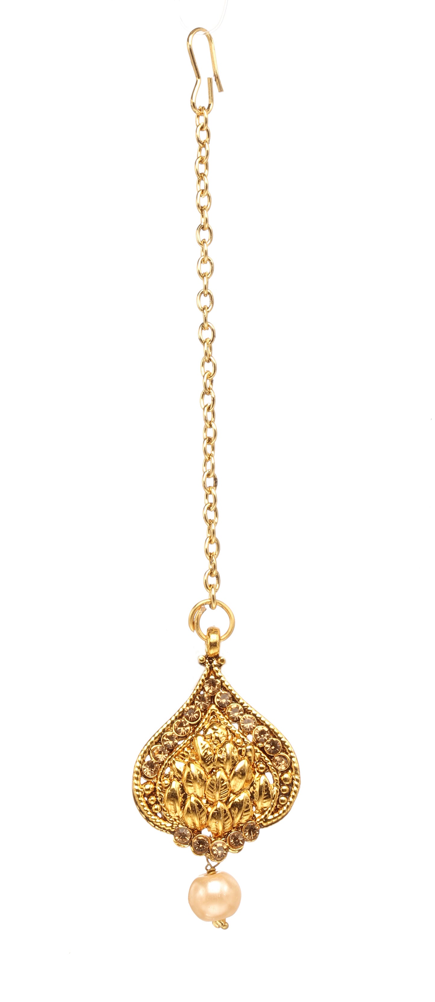 Bindhani gold-plated teardrop-shaped maang tikka featuring intricate filigree openwork, floral detailing, textured craftsmanship, and a single pearl bead drop. Displayed on a white background.