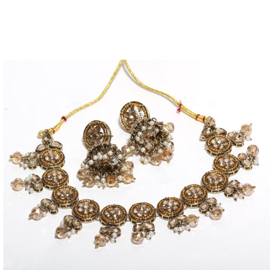 Bindhani mehandi plated necklace with jhumki and tika enriched with LCT stone and premium touch.