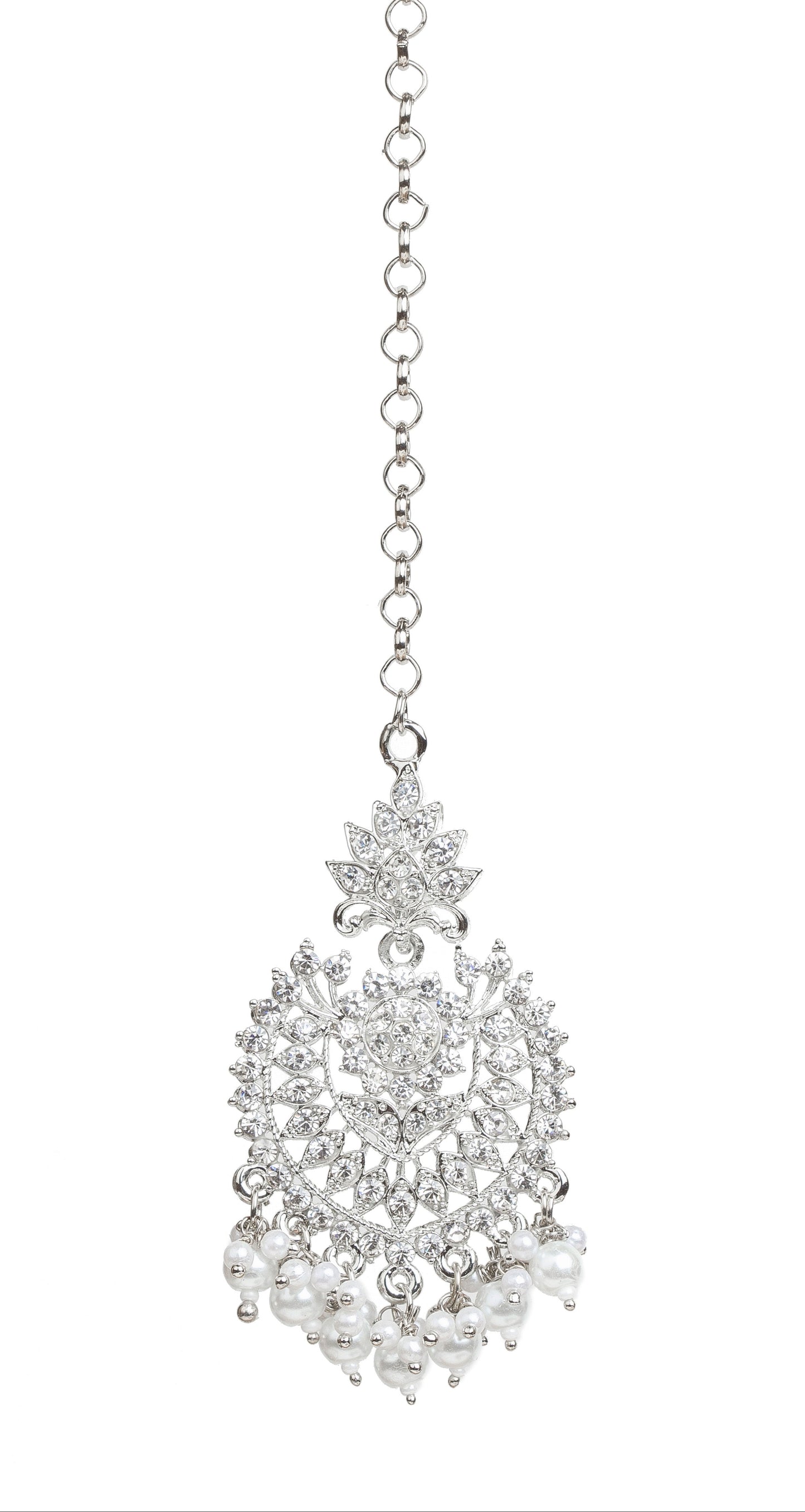 Bindhani silver-plated traditional Indian hair accessory with intricate design, adorned with sparkling white stones and dangling white pearls