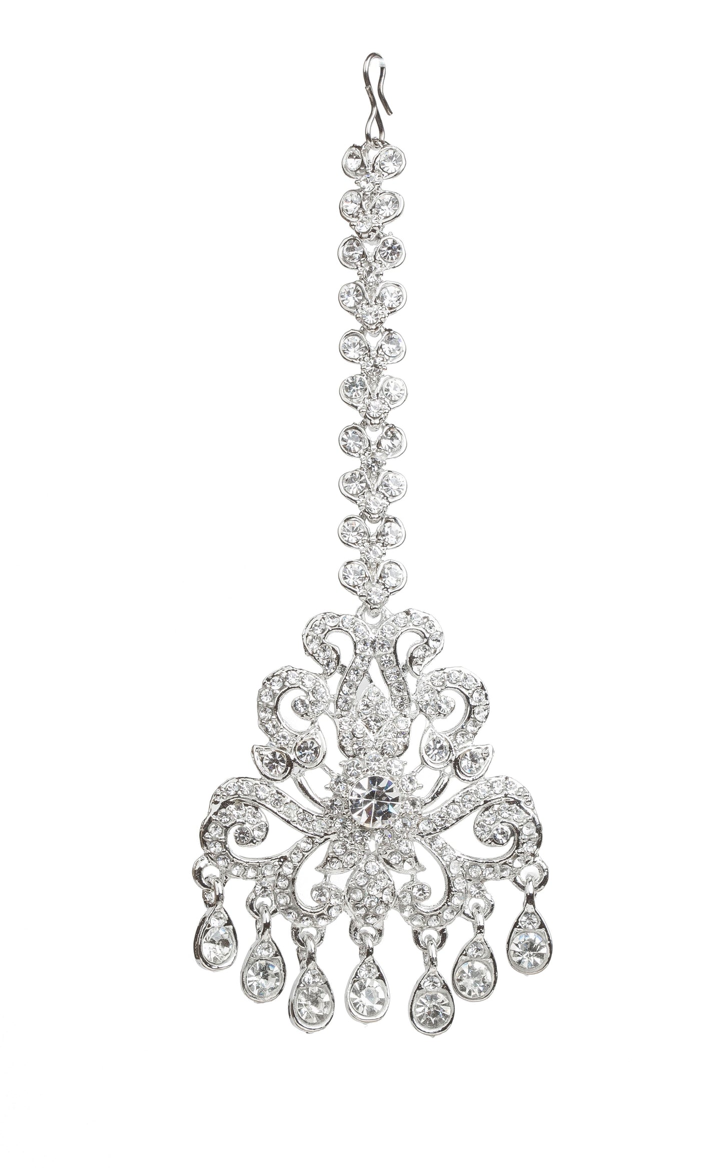 Bindhani silver plated white stone maang tikka featuring a decorative stone chain, intricate floral scrollwork design, a large central white stone, and multiple teardrop-shaped hanging white stone drops. Traditional Indian bridal forehead jewelry displayed on a white background.