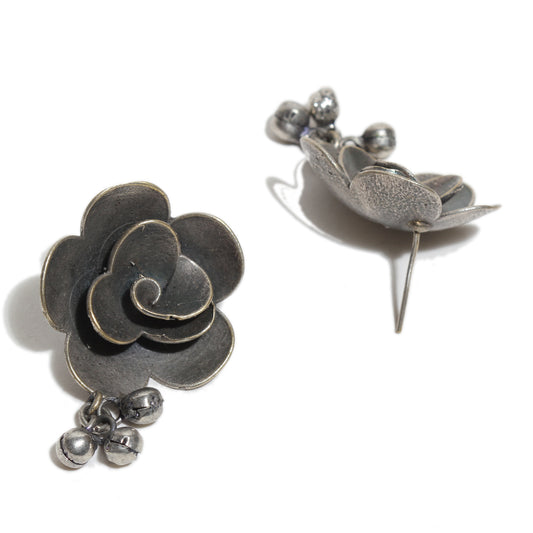 Flower Shape Oxidized Silver Ghunguro Studs