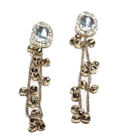 Traditional Mehandi Plated Long Chain With Small Bell (Ghungroo) Kashmiri Earrings
