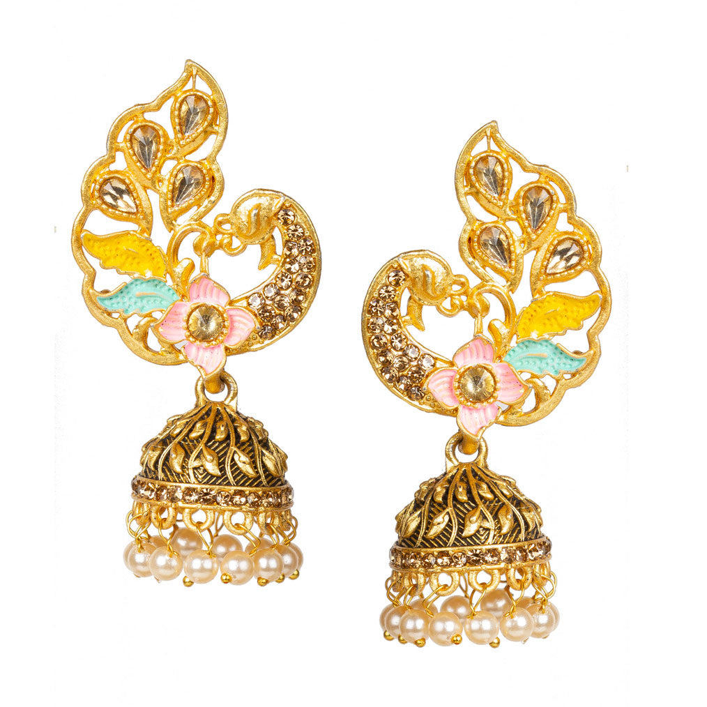 bindhani gold plated Indian peacock pink color meenakari bollywood jhumka earring for women girls