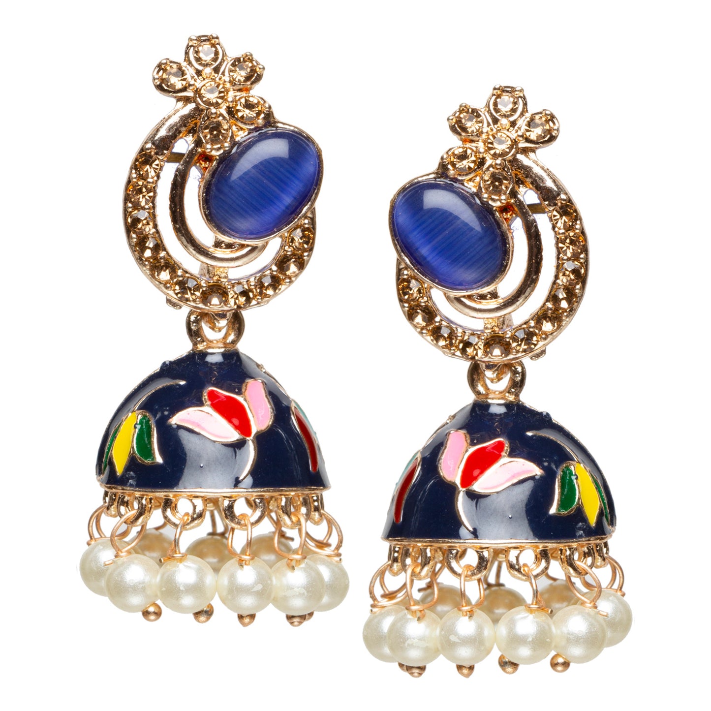 bindhani gold plated blue golden stone multi color pearl drop small meenakari jhumki earrings women teenage girls