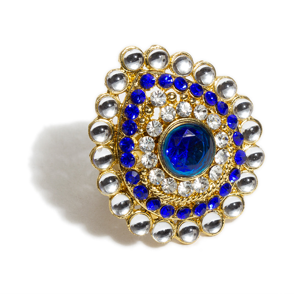 bindhani gold plated blue white stone gold toned finger ring adjustable finger ring for women and girls