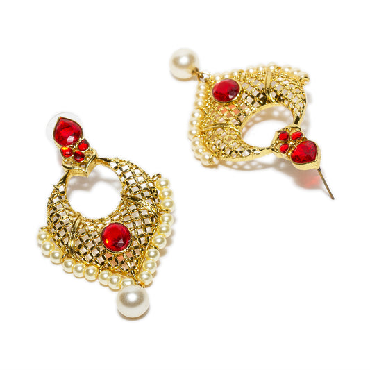 bindhani gold plated golden drop red stone and beads dangle earrings for women and girls