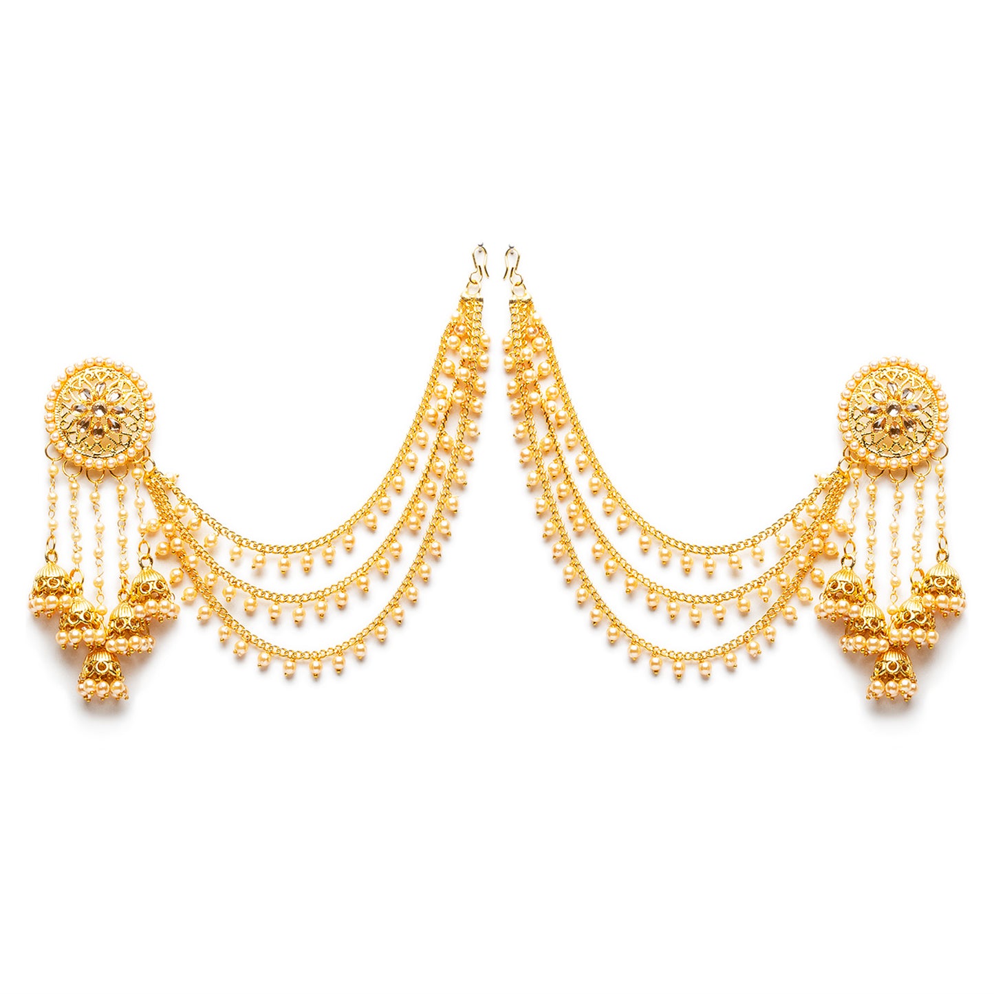 bindhani gold plated long faux pearl drop golden stone jhumki head chain bahubali earrings for women and girls