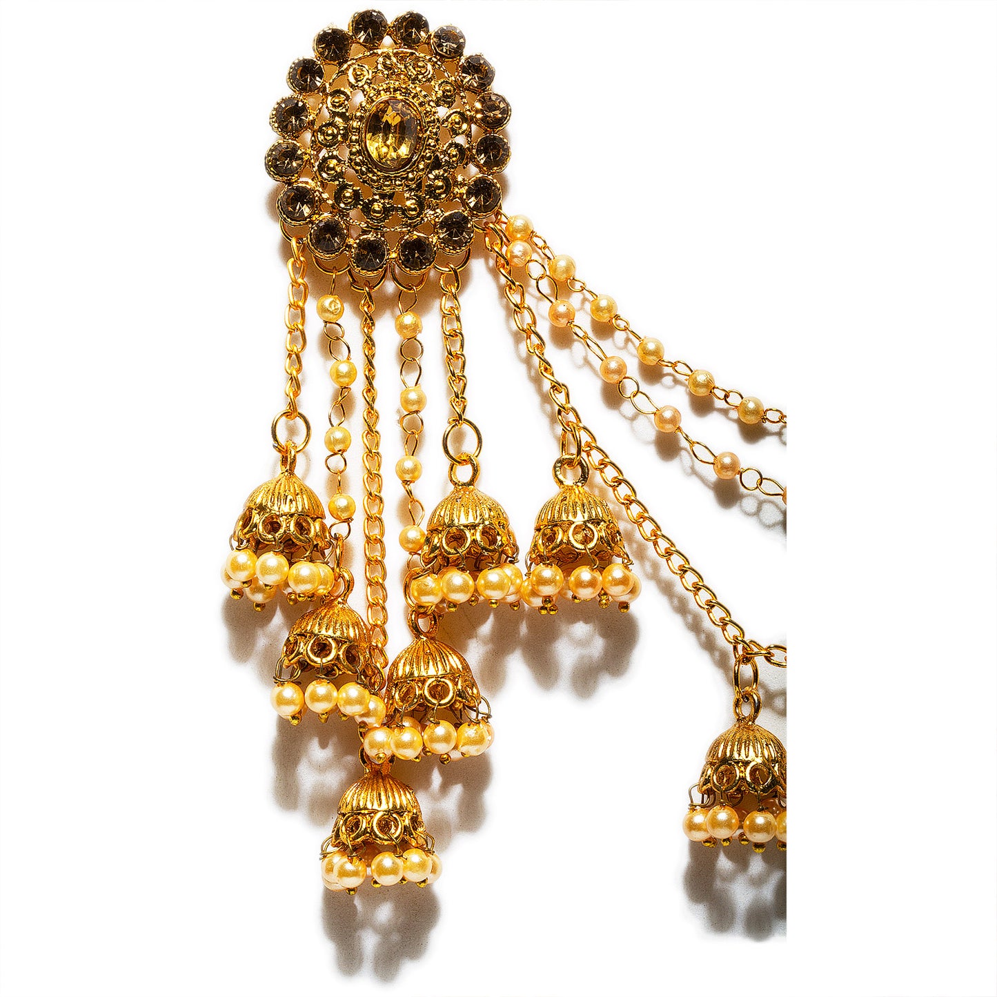 bindhani gold plated jhumkai beads golden stone head chain bahubali earrings for women and girls