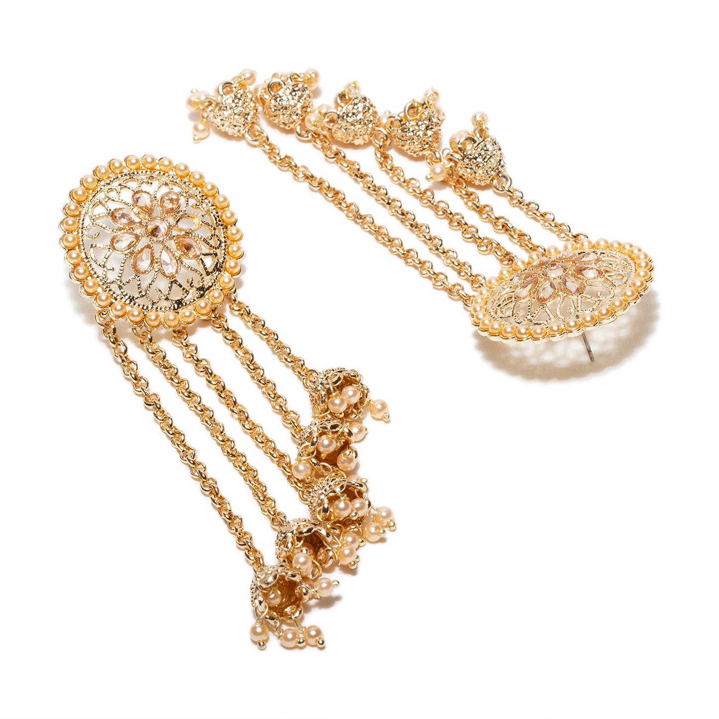 bindhani gold plated kundan long faux pearl drop & Golden stone jhumka jhumki earrings for women and girls