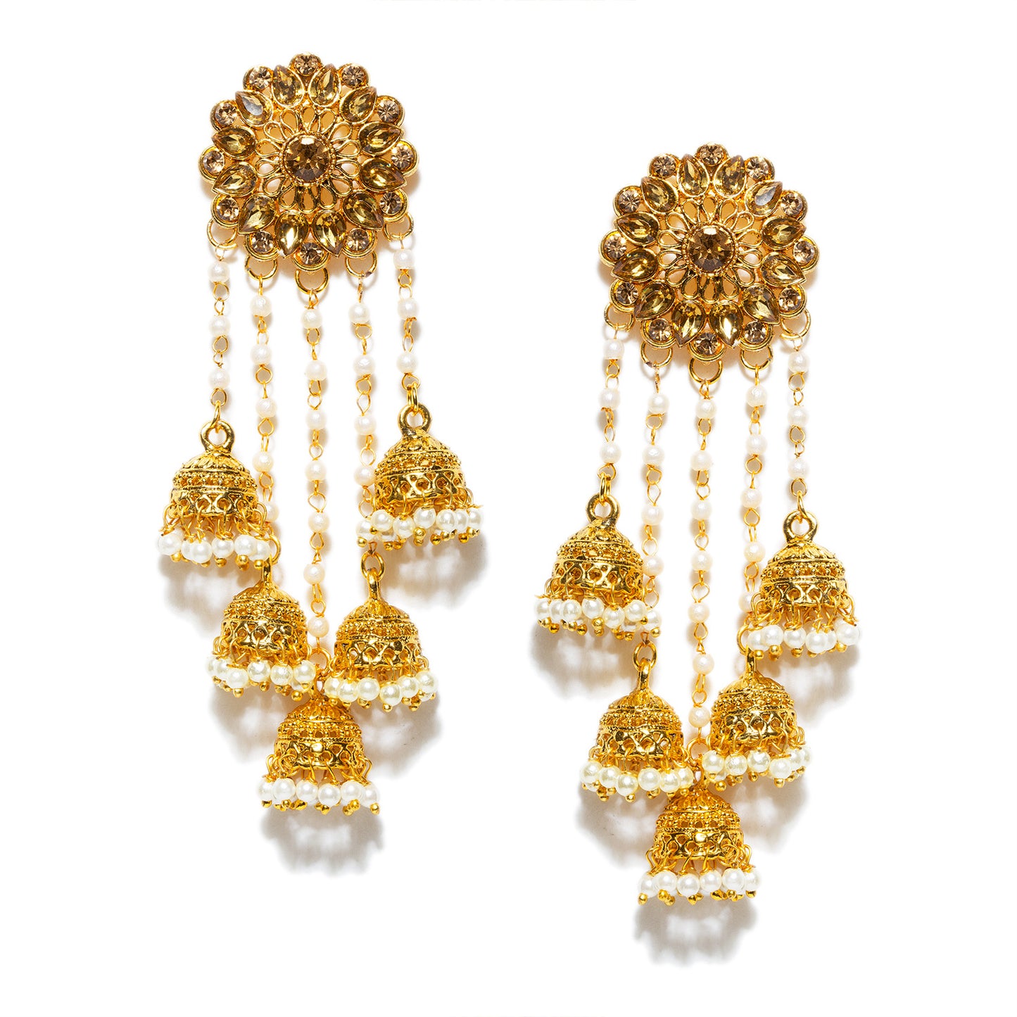 bindhani gold plated kundan long faux pearl drop & golden stone jhumki earrings for women and girls