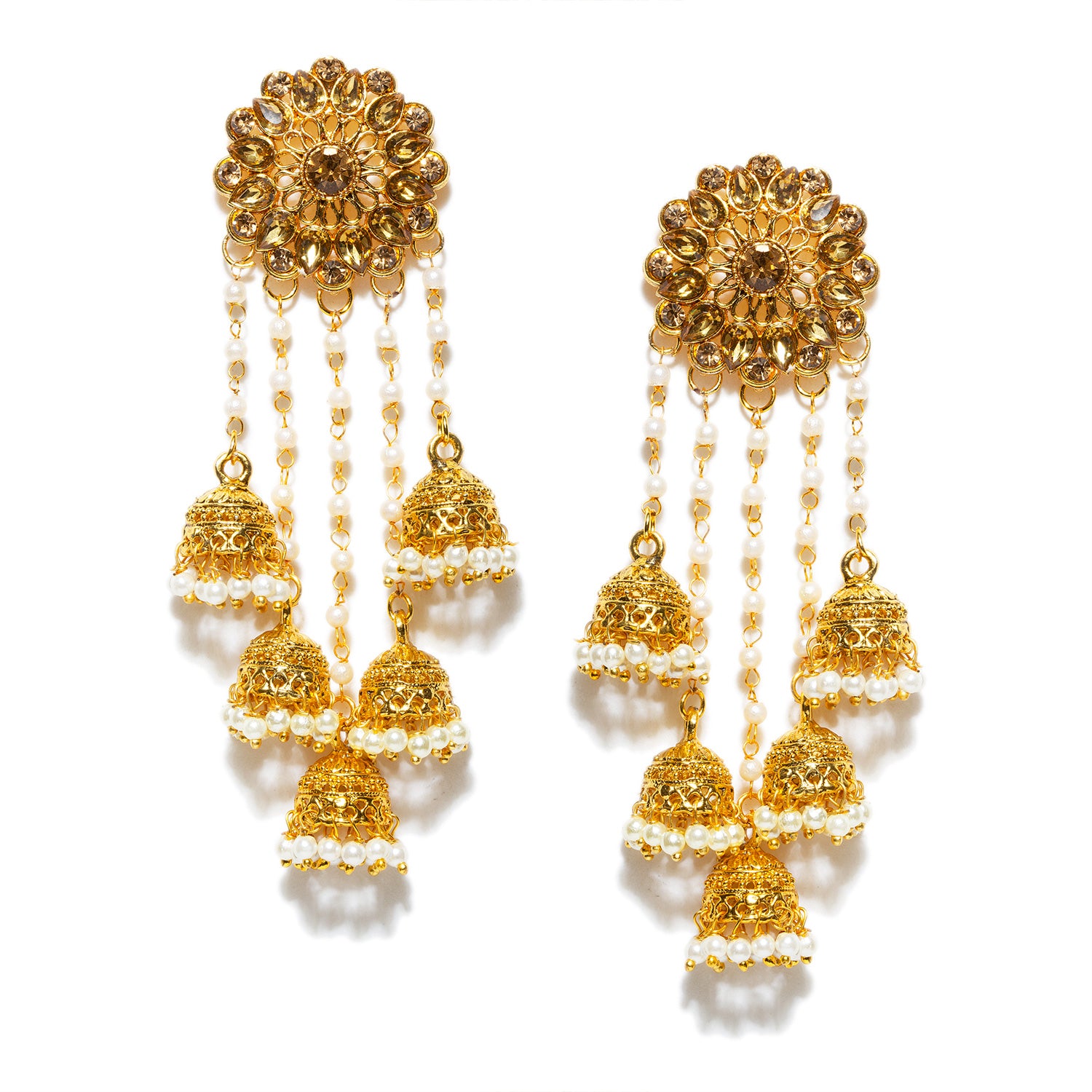 bindhani gold plated kundan long faux pearl drop & golden stone jhumki earrings for women and girls