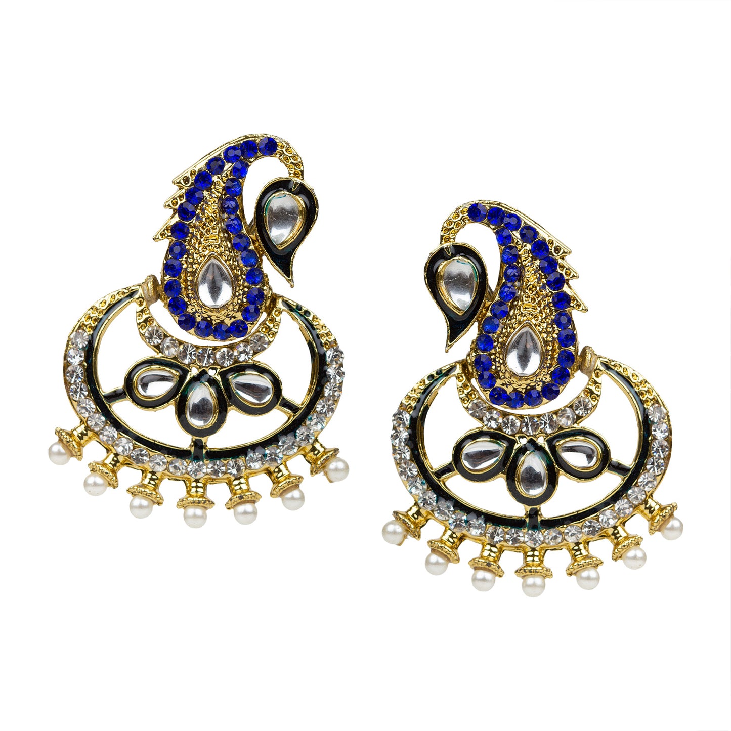 bindhani gold plated kundan pearls drop white blue stone meenakari earrings for women girls