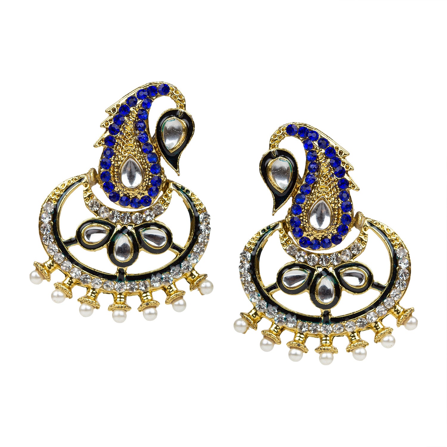 bindhani gold plated kundan pearls drop white blue stone meenakari earrings for women girls