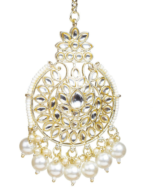 bindhani gold plated kundan white pearl drop maang tikka for women and girls