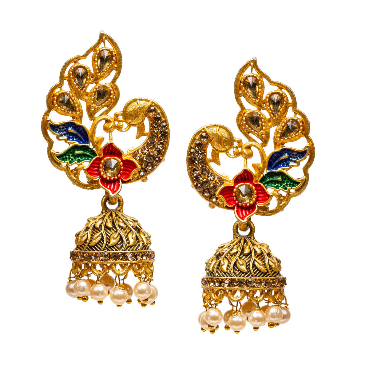 bindhani gold plated peacock red color meenakari jhumka earring for women girls