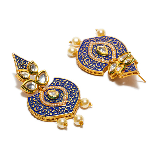 bindhani gold plated pearl drop blue meenakari kundan stone earrings for women and girls