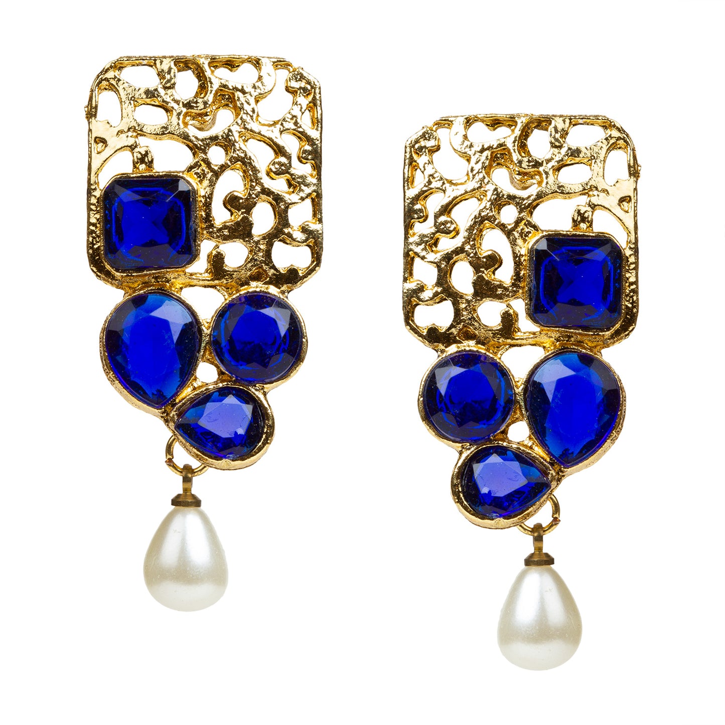 bindhani gold plated pearl drop blue stone earrings for women