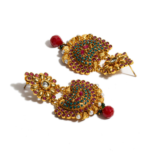 bindhani gold plated pearl drop maroon green kundan copper earrings for women