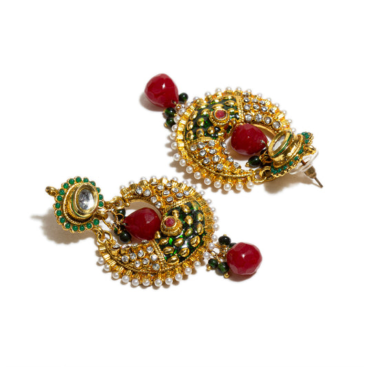 bindhani gold plated pearl drop maroon green white stone kundan earrings for women